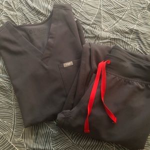 Figs Dark grey Scrub Top & Pants with Red Drawstring